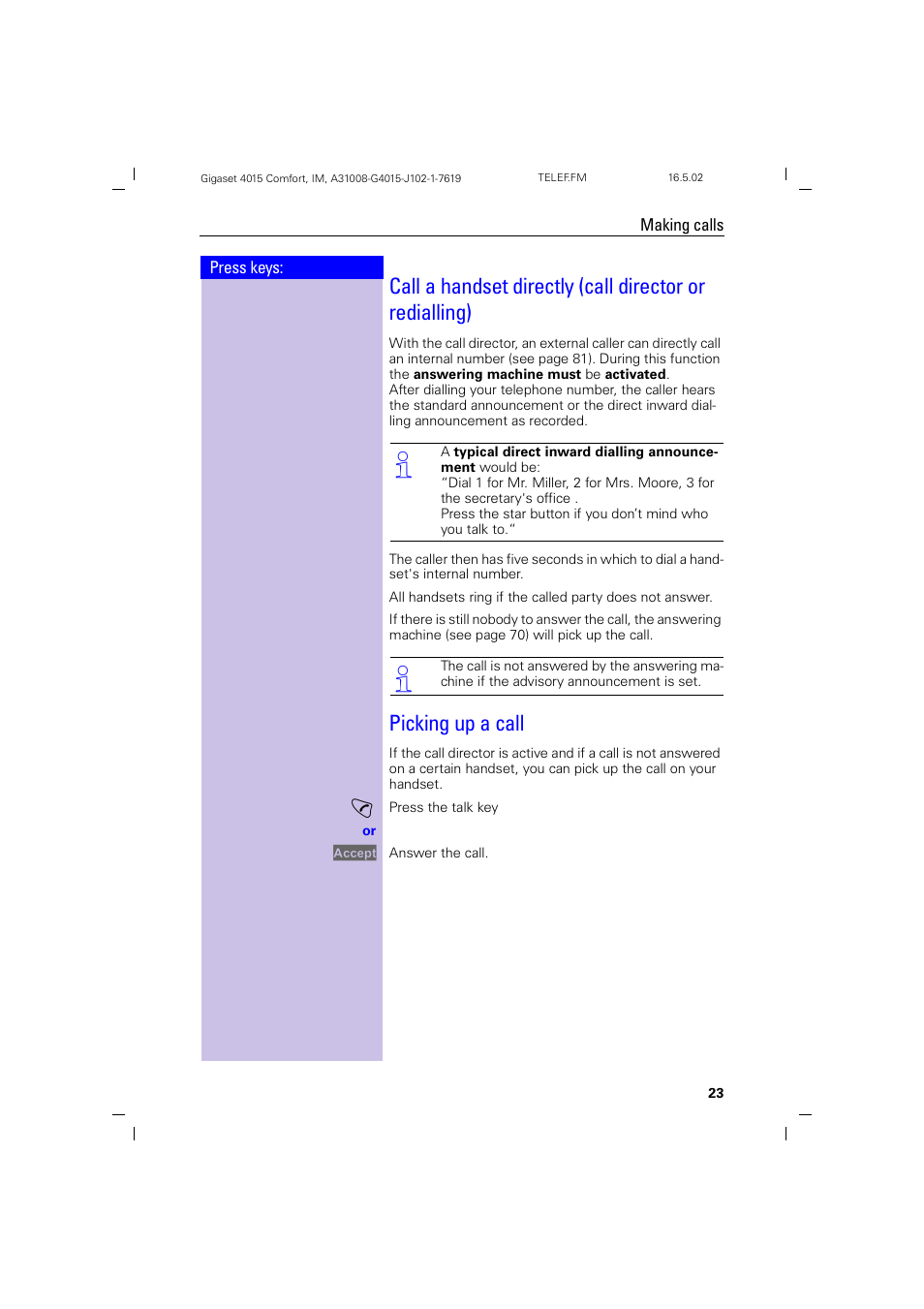 Picking up a call | Siemens 4015 User Manual | Page 24 / 121