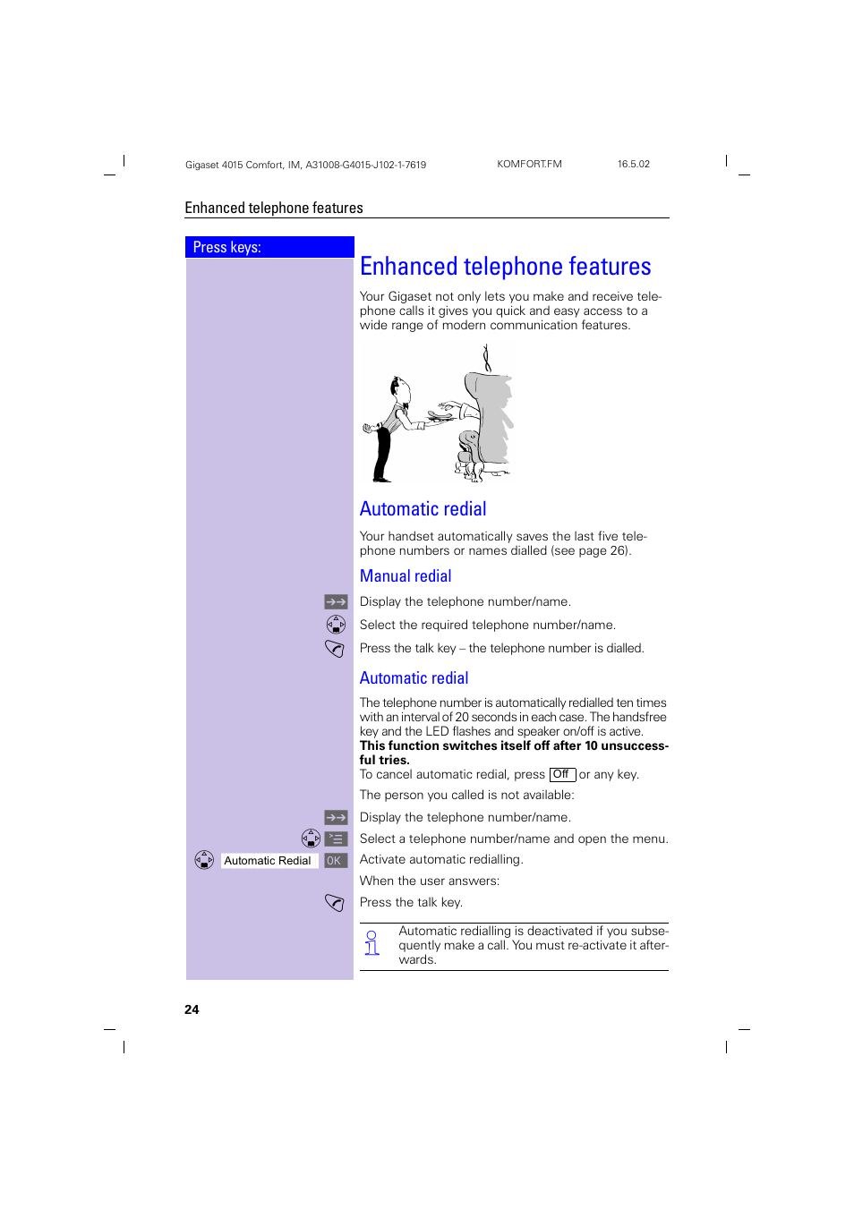 Enhanced telephone features, Automatic redial, Manual redial | Siemens 4015 User Manual | Page 25 / 121