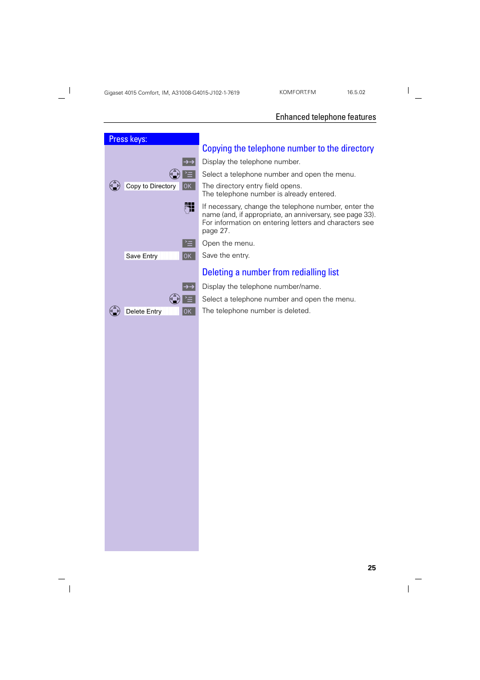 Copying the telephone number to the directory, Deleting a number from redialling list | Siemens 4015 User Manual | Page 26 / 121