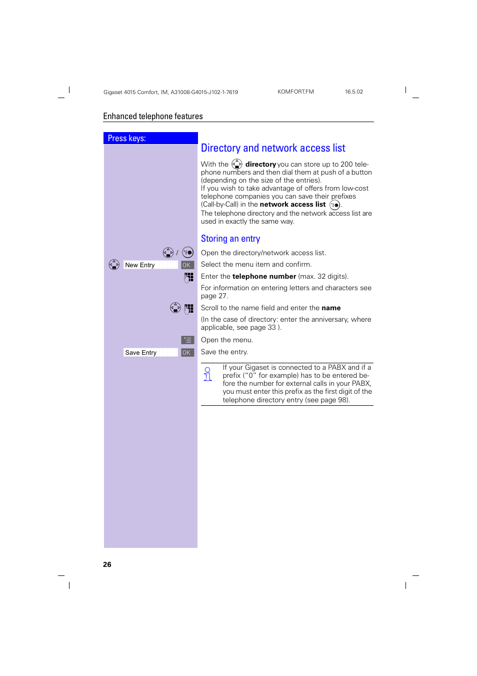 Directory and network access list, Storing an entry | Siemens 4015 User Manual | Page 27 / 121