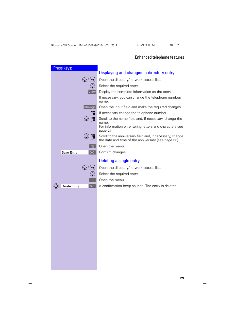 Displaying and changing a directory entry, Deleting a single entry | Siemens 4015 User Manual | Page 30 / 121