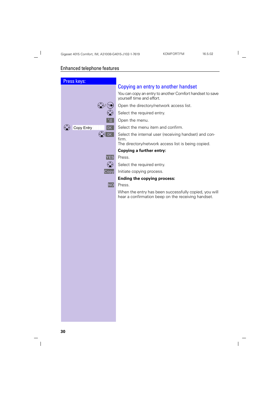 Copying an entry to another handset | Siemens 4015 User Manual | Page 31 / 121