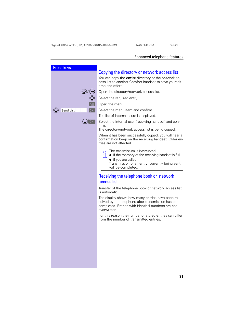 Copying the directory or network access list | Siemens 4015 User Manual | Page 32 / 121