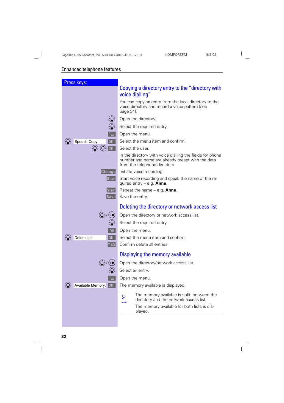 Deleting the directory or network access list, Displaying the memory available | Siemens 4015 User Manual | Page 33 / 121