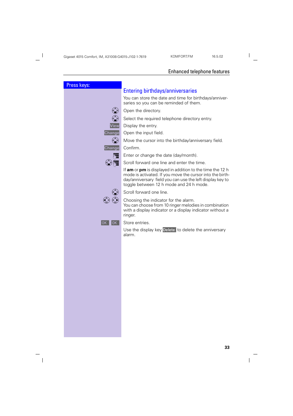 Entering birthdays/anniversaries | Siemens 4015 User Manual | Page 34 / 121