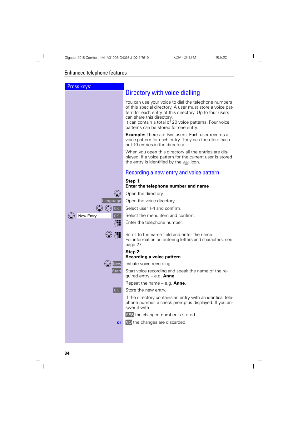 Directory with voice dialling, Recording a new entry and voice pattern | Siemens 4015 User Manual | Page 35 / 121