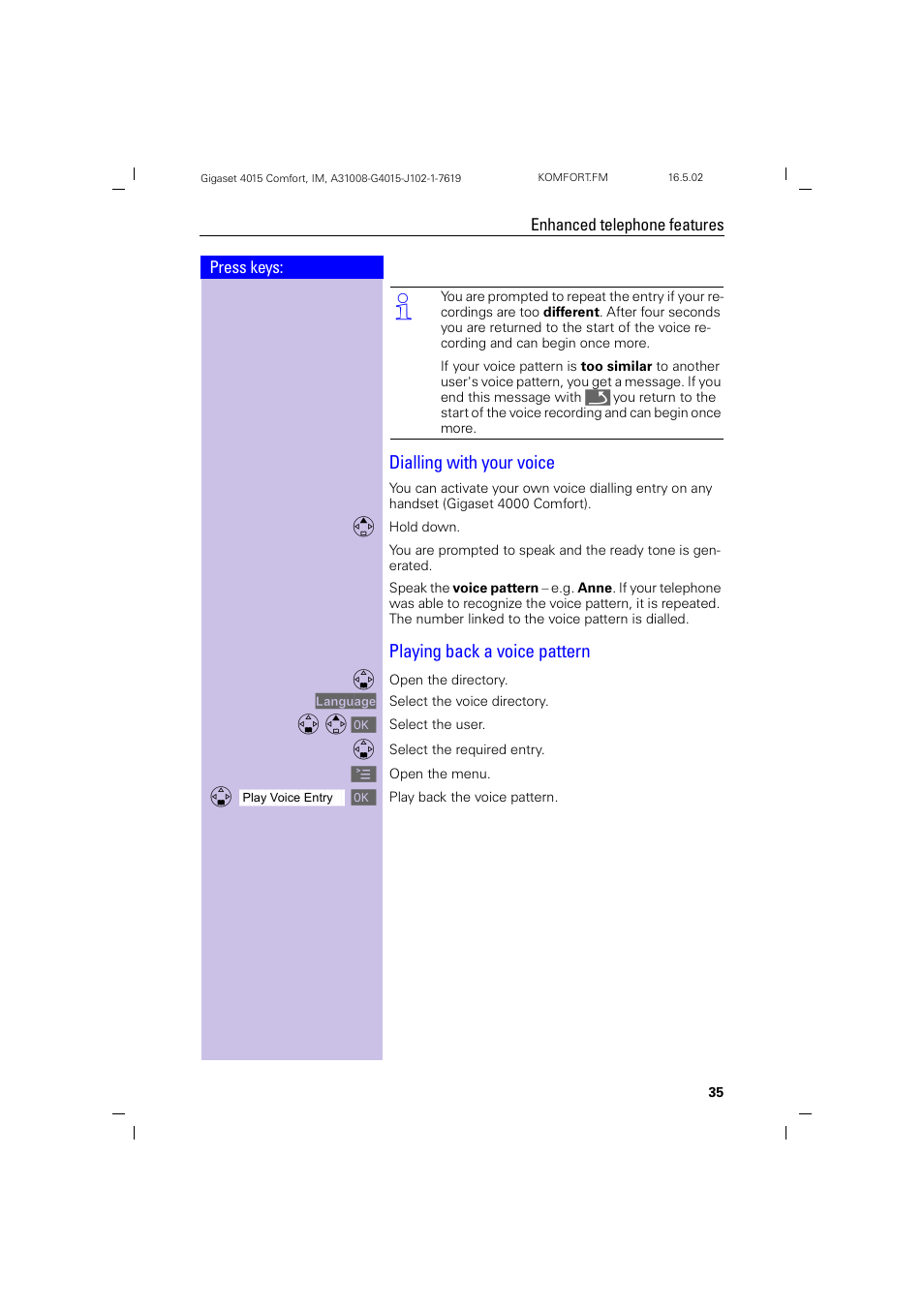 Dialling with your voice, Playing back a voice pattern | Siemens 4015 User Manual | Page 36 / 121