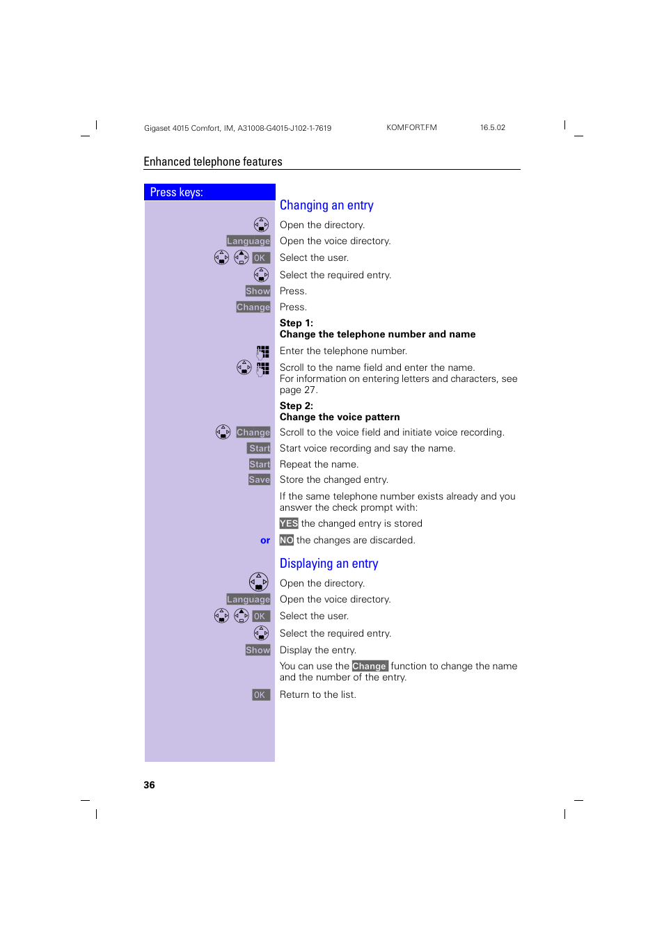 Changing an entry, Displaying an entry | Siemens 4015 User Manual | Page 37 / 121