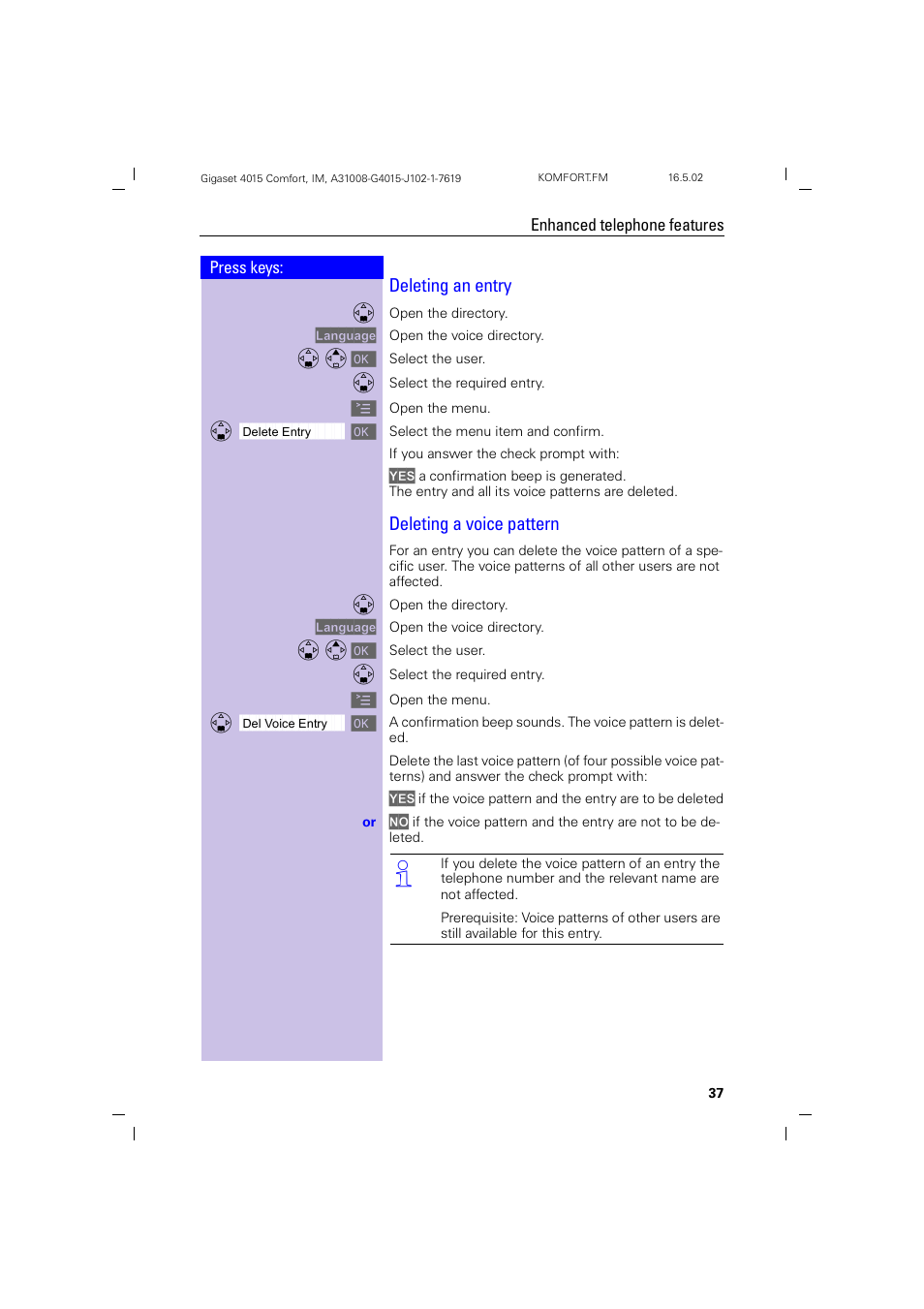 Deleting an entry, Deleting a voice pattern | Siemens 4015 User Manual | Page 38 / 121