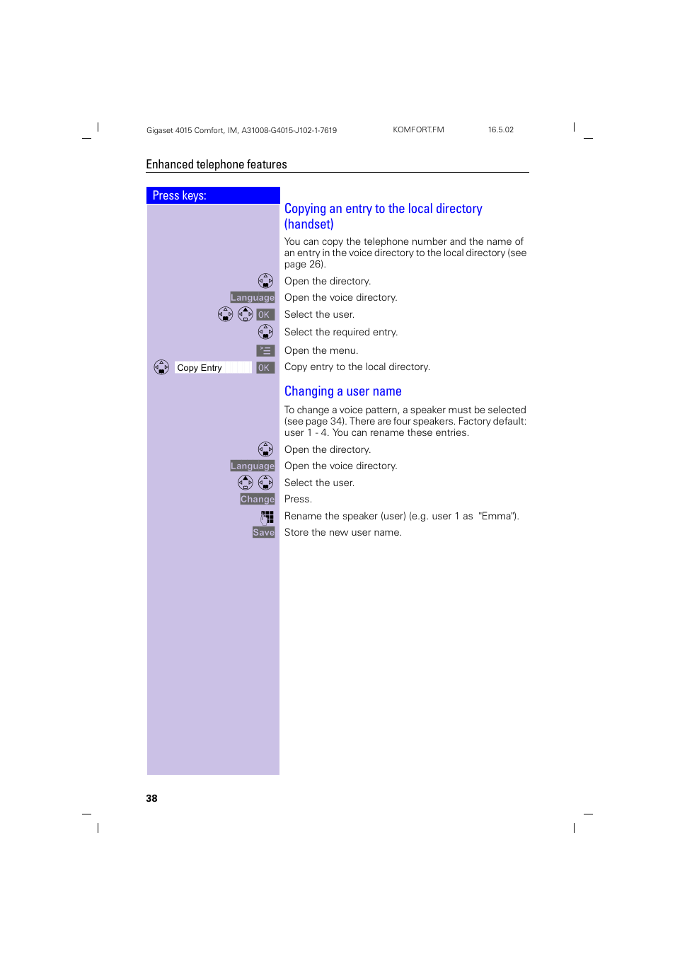 Copying an entry to the local directory (handset), Changing a user name | Siemens 4015 User Manual | Page 39 / 121