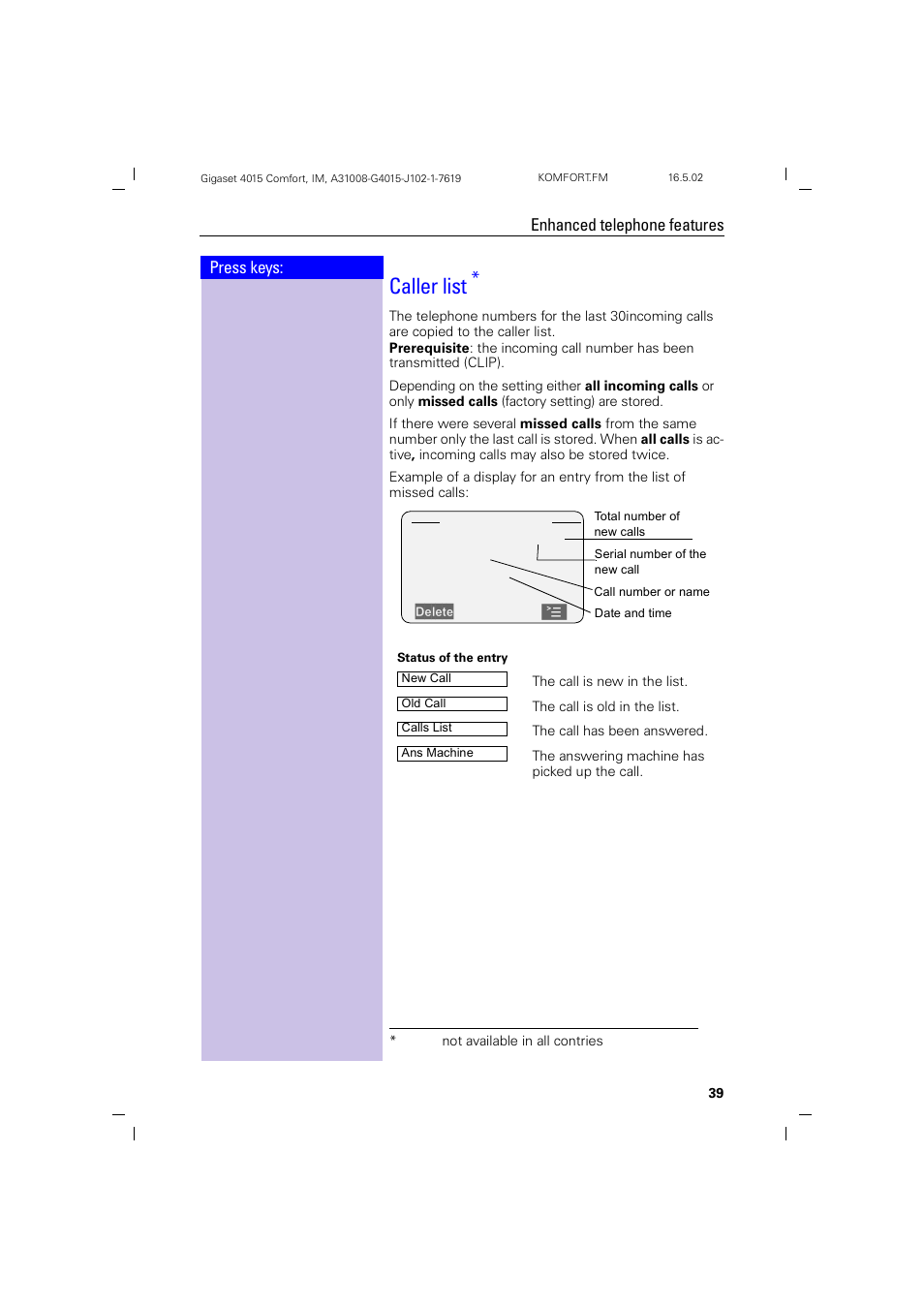 Caller list | Siemens 4015 User Manual | Page 40 / 121