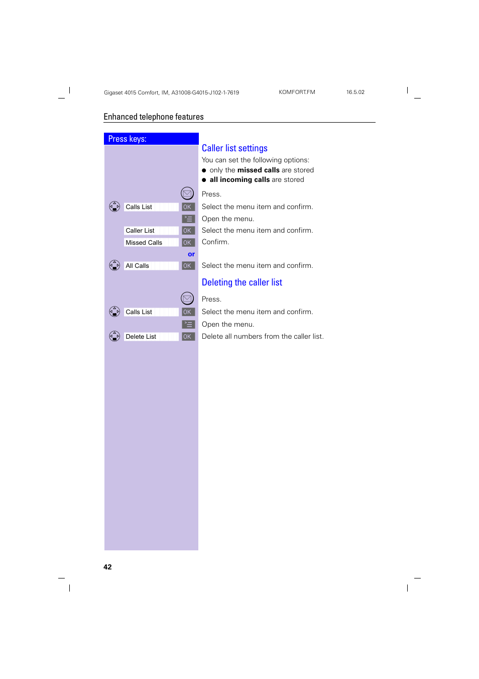 Caller list settings, Deleting the caller list | Siemens 4015 User Manual | Page 43 / 121