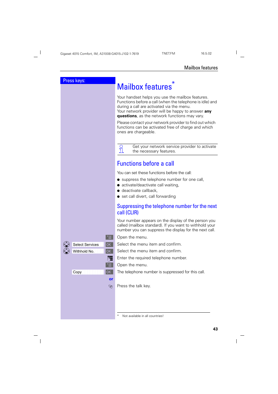 Mailbox features, Functions before a call | Siemens 4015 User Manual | Page 44 / 121