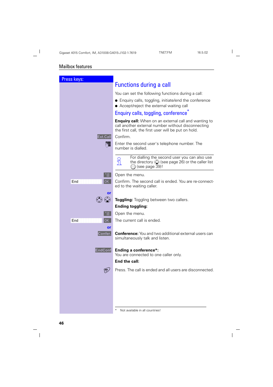 Functions during a call, Enquiry calls, toggling, conference | Siemens 4015 User Manual | Page 47 / 121