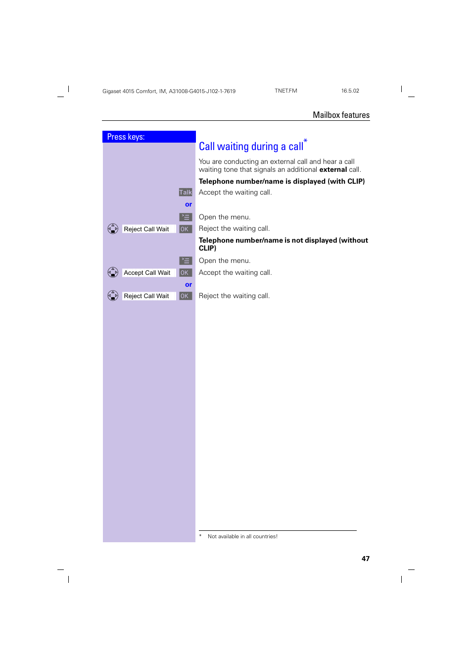 Call waiting during a call, Changing a handset's display language | Siemens 4015 User Manual | Page 48 / 121