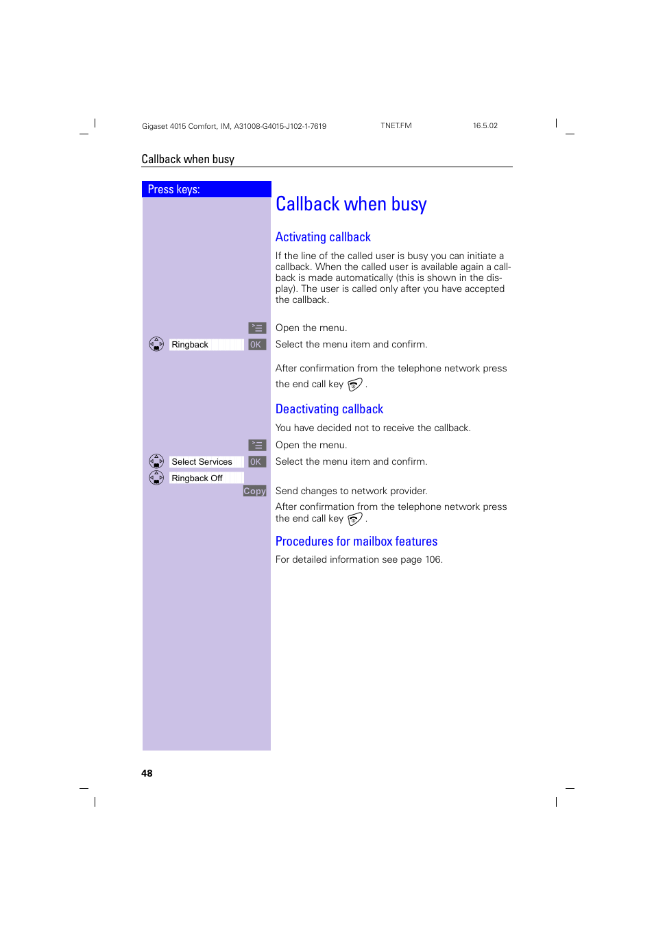 Callback when busy, Activating callback, Deactivating callback | Procedures for mailbox features | Siemens 4015 User Manual | Page 49 / 121