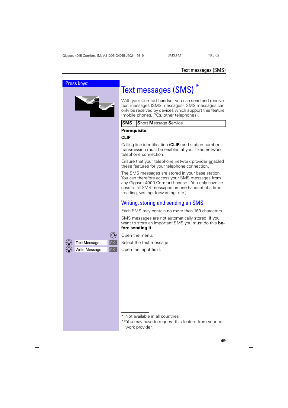 Text messages (sms), Writing, storing and sending an sms | Siemens 4015 User Manual | Page 50 / 121