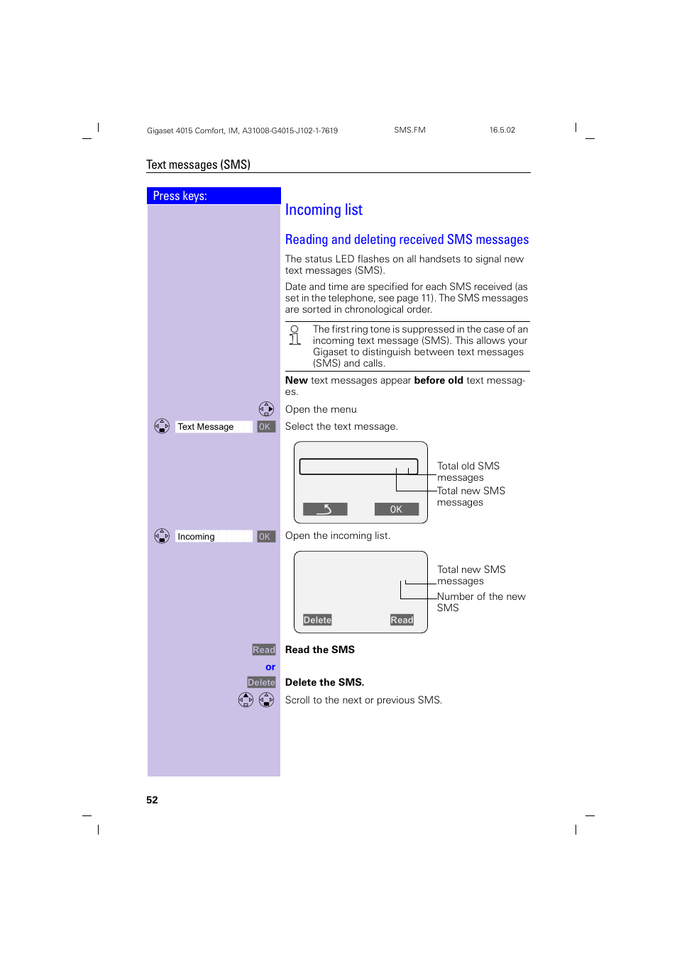 Incoming list, Reading and deleting received sms messages | Siemens 4015 User Manual | Page 53 / 121