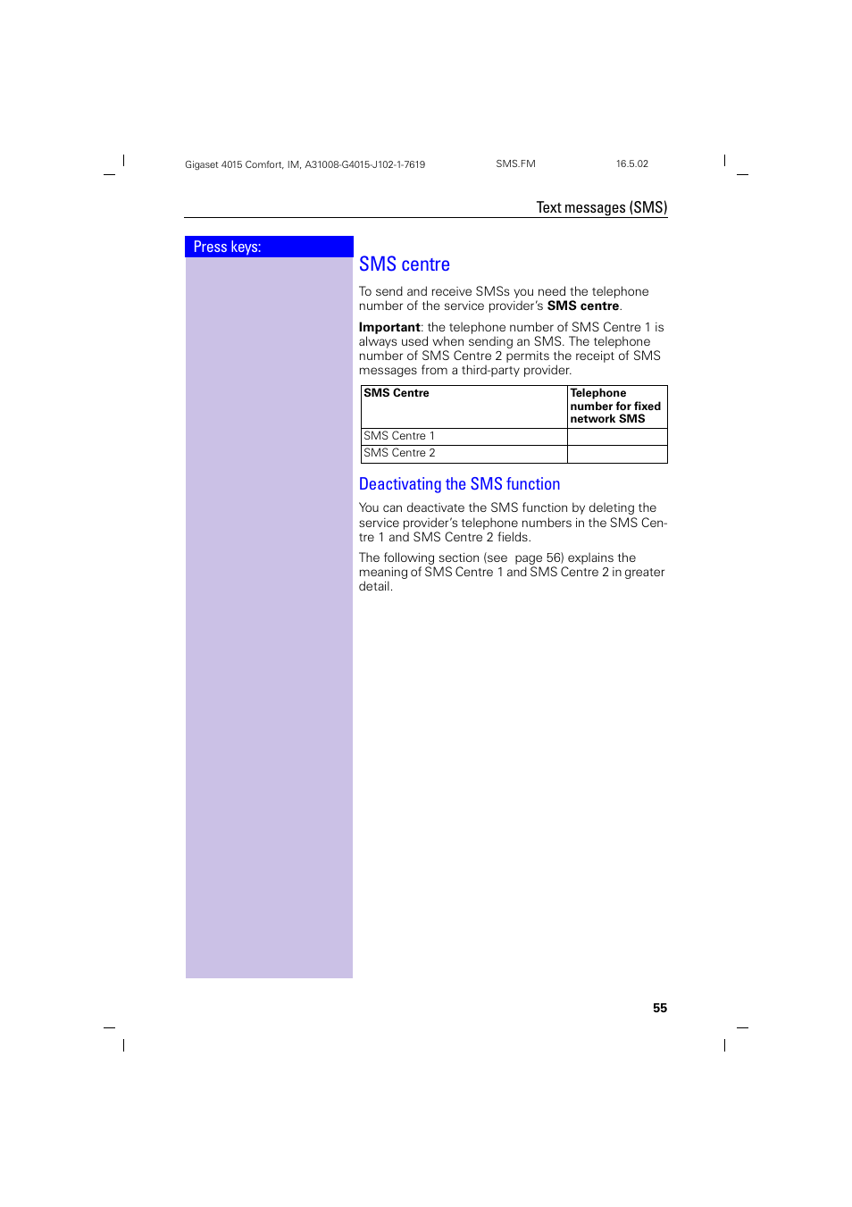 Sms centre, Deactivating the sms function | Siemens 4015 User Manual | Page 56 / 121