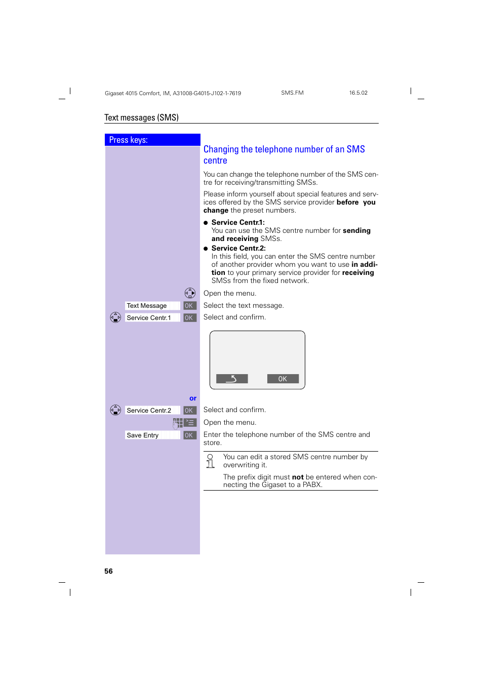 Changing the telephone number of an sms centre | Siemens 4015 User Manual | Page 57 / 121