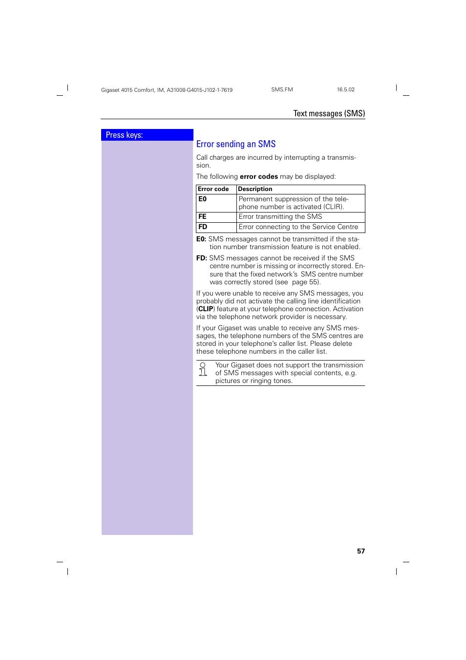 Error sending an sms | Siemens 4015 User Manual | Page 58 / 121