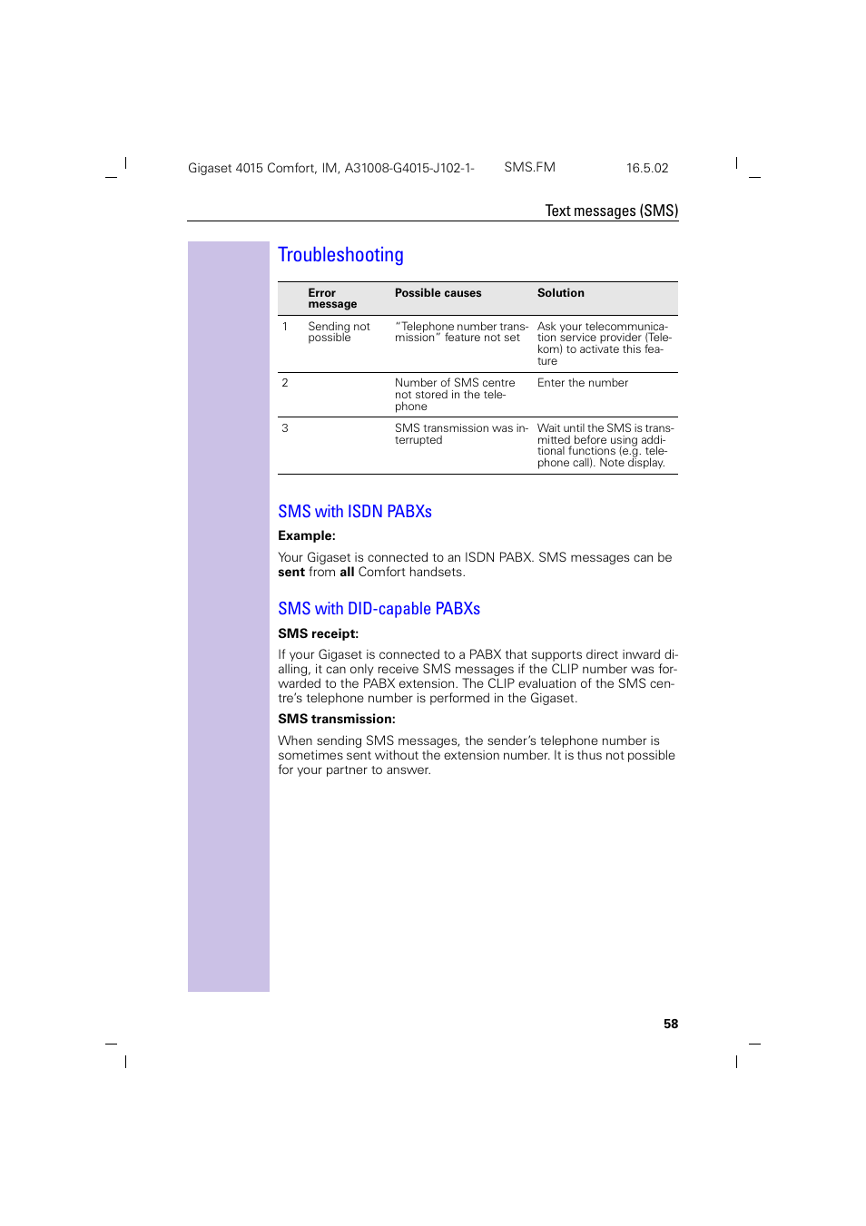 Troubleshooting, Sms with isdn pabxs, Sms with did-capable pabxs | Siemens 4015 User Manual | Page 59 / 121