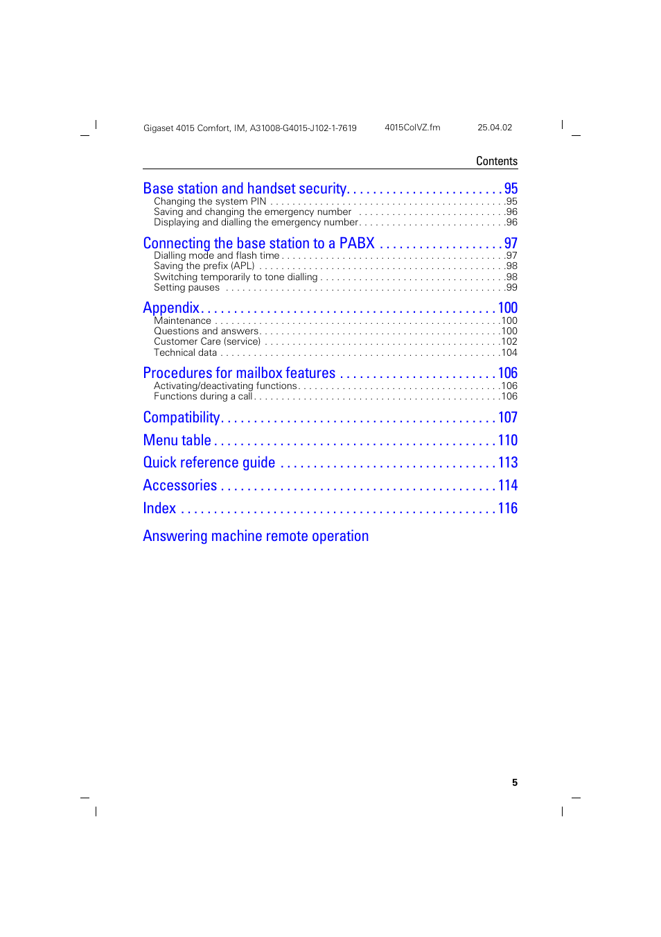 Base station and handset security, Connecting the base station to a pabx, Appendix | Procedures for mailbox features | Siemens 4015 User Manual | Page 6 / 121