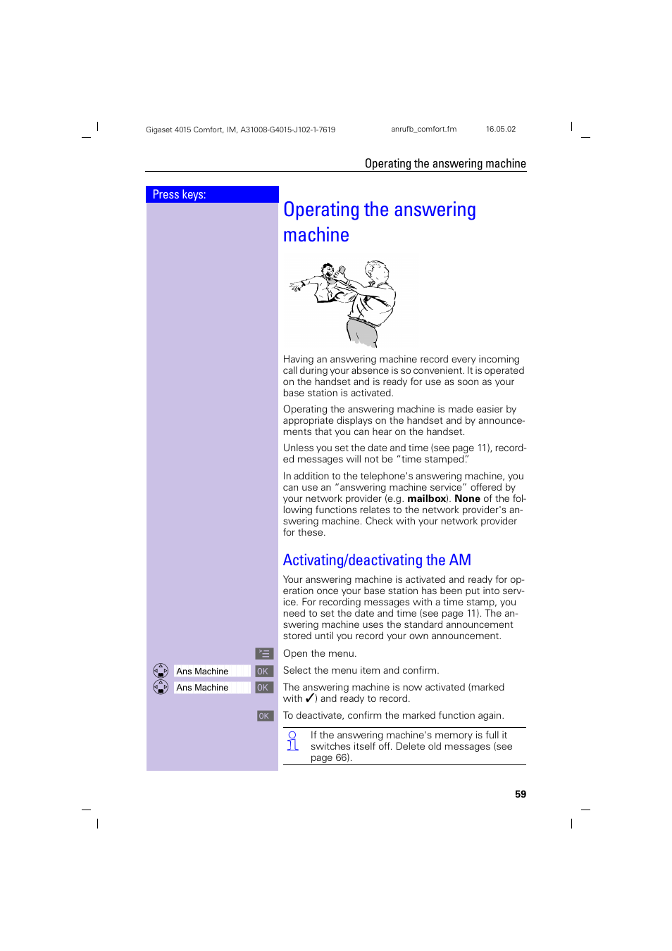 Operating the answering machine, Activating/deactivating the am, Operating the answering machine | Siemens 4015 User Manual | Page 60 / 121