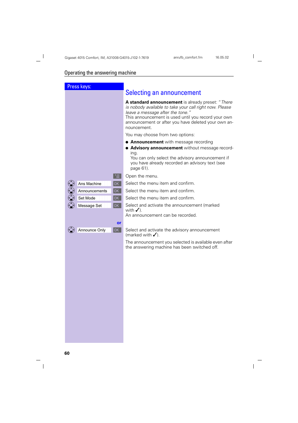 Selecting an announcement | Siemens 4015 User Manual | Page 61 / 121