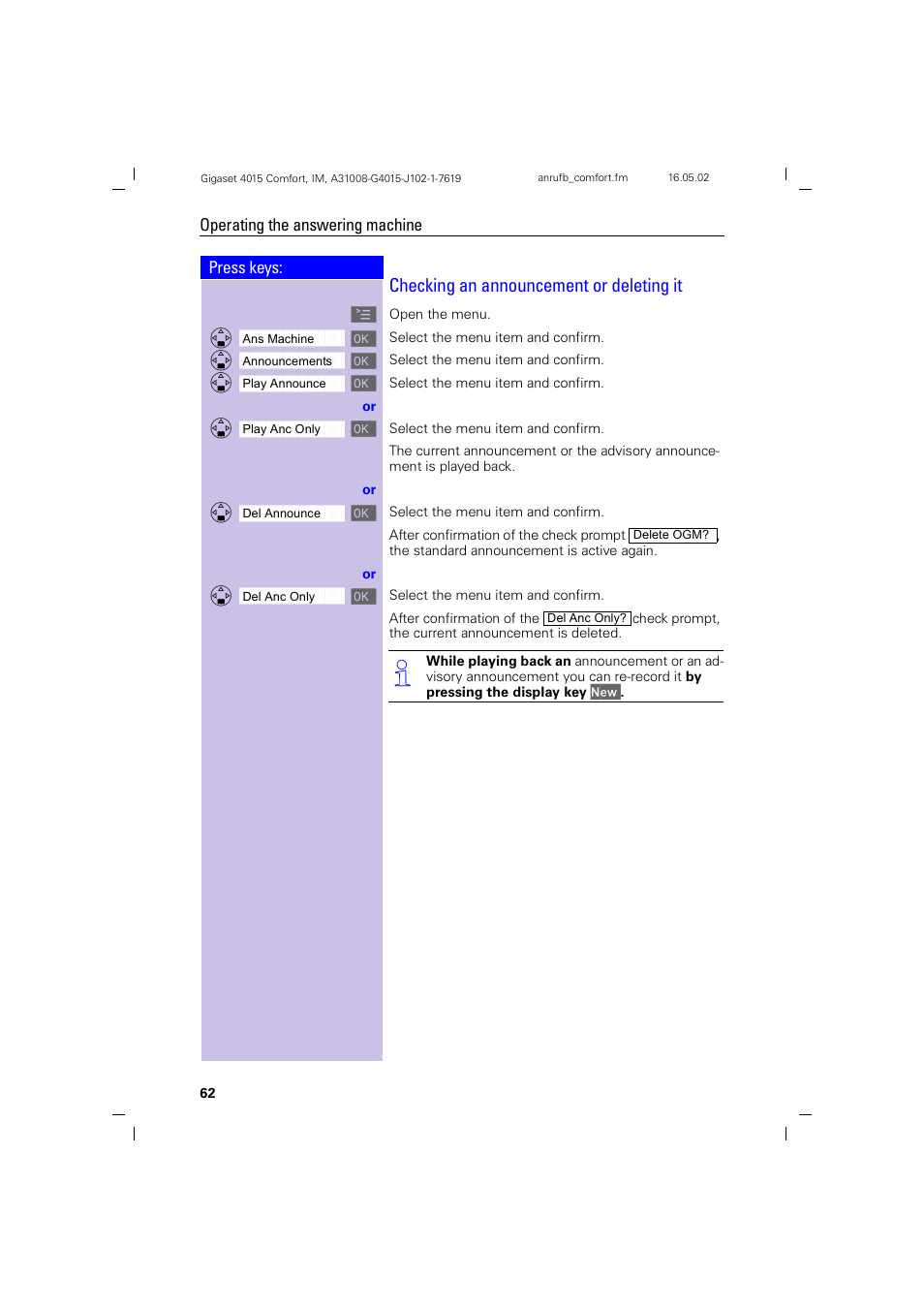 Checking an announcement or deleting it | Siemens 4015 User Manual | Page 63 / 121