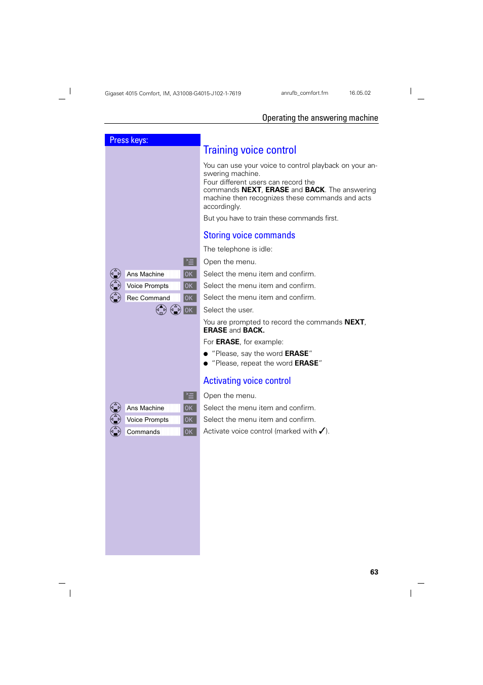 Training voice control, Storing voice commands, Activating voice control | Siemens 4015 User Manual | Page 64 / 121