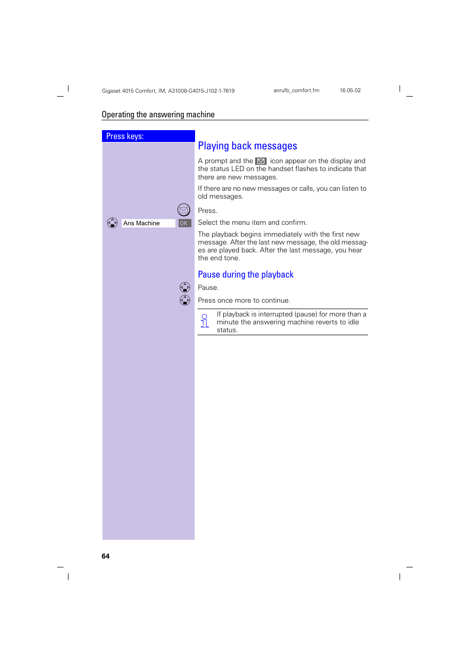 Playing back messages, Pause during the playback | Siemens 4015 User Manual | Page 65 / 121