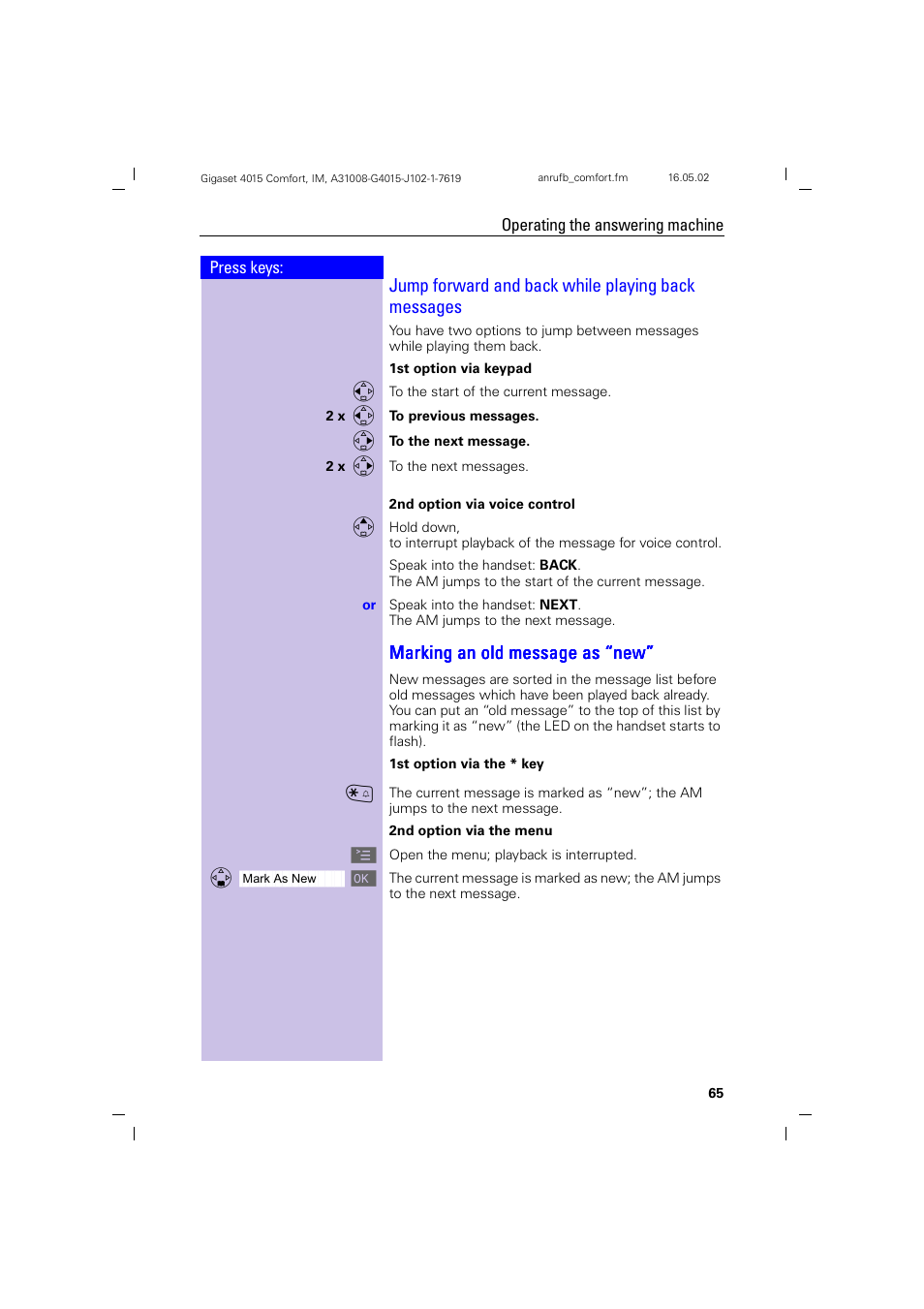 Jump forward and back while playing back messages, Marking an old message as “new | Siemens 4015 User Manual | Page 66 / 121