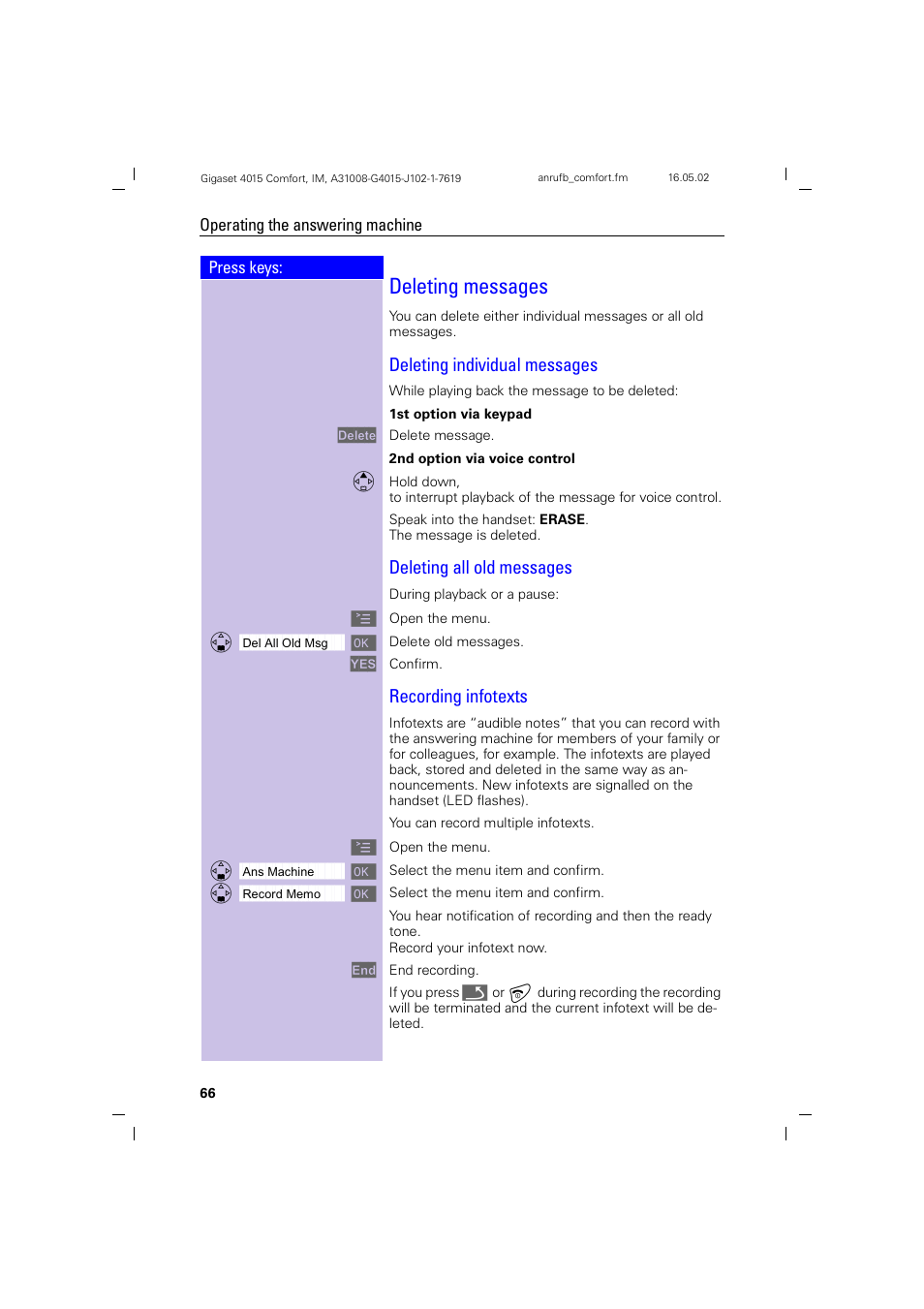 Deleting messages, Deleting individual messages, Deleting all old messages | Recording infotexts | Siemens 4015 User Manual | Page 67 / 121