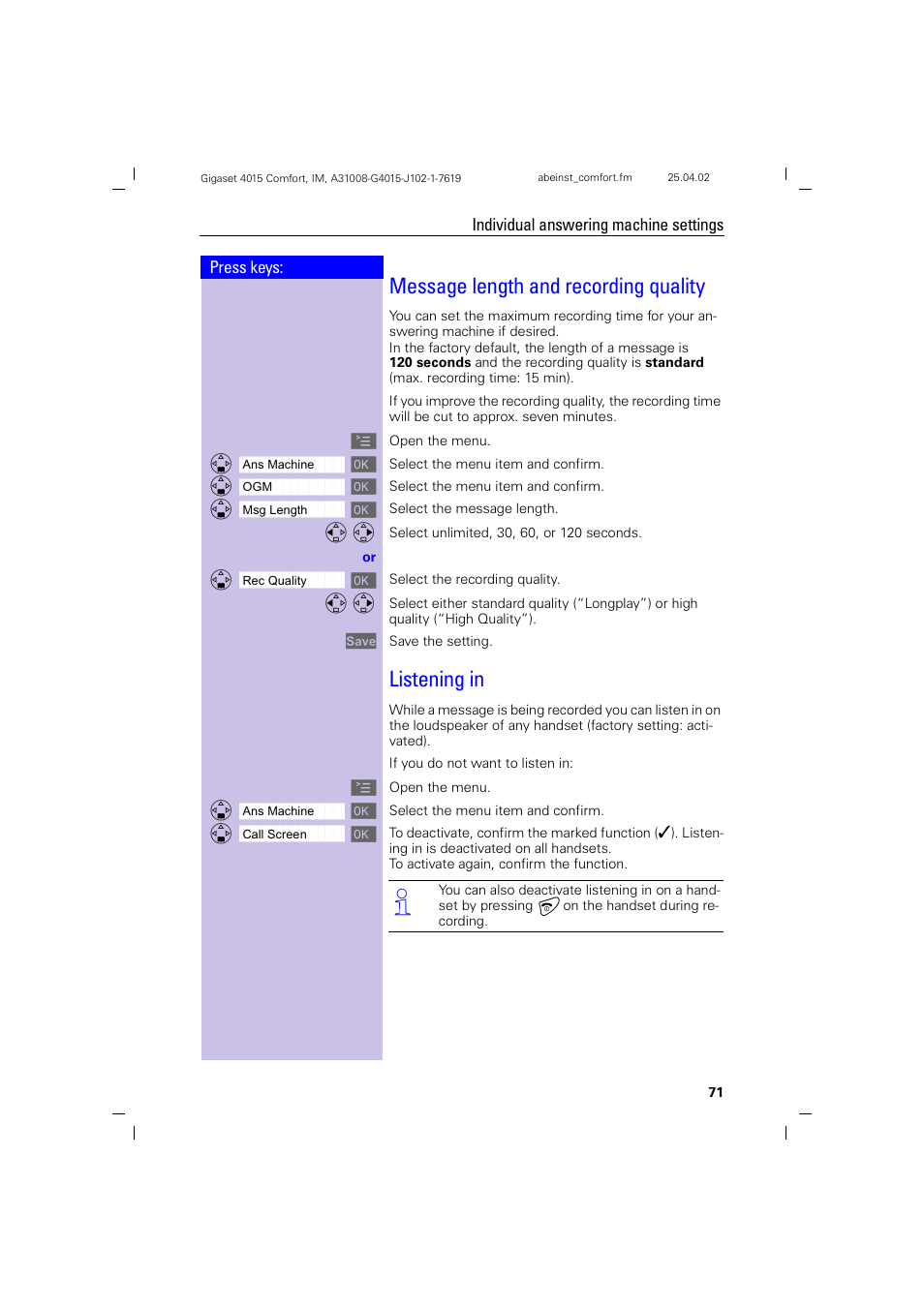 Message length and recording quality, Listening in, Message length and recording quality listening in | Siemens 4015 User Manual | Page 72 / 121