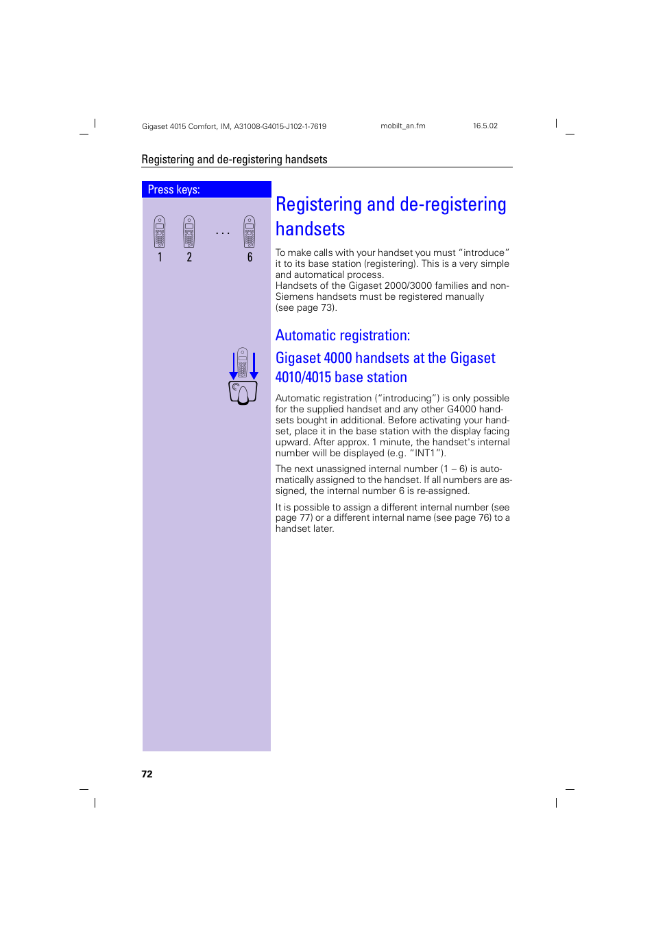 Registering and de-registering handsets, Automatic registration | Siemens 4015 User Manual | Page 73 / 121