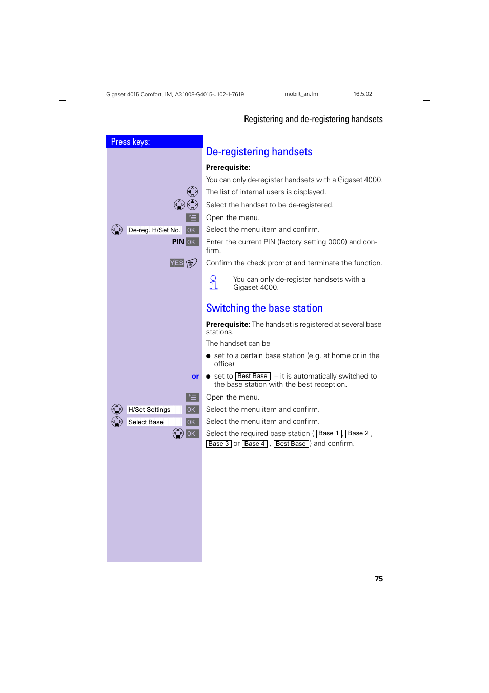 De-registering handsets, Switching the base station, De-registering handsets switching the base station | Siemens 4015 User Manual | Page 76 / 121