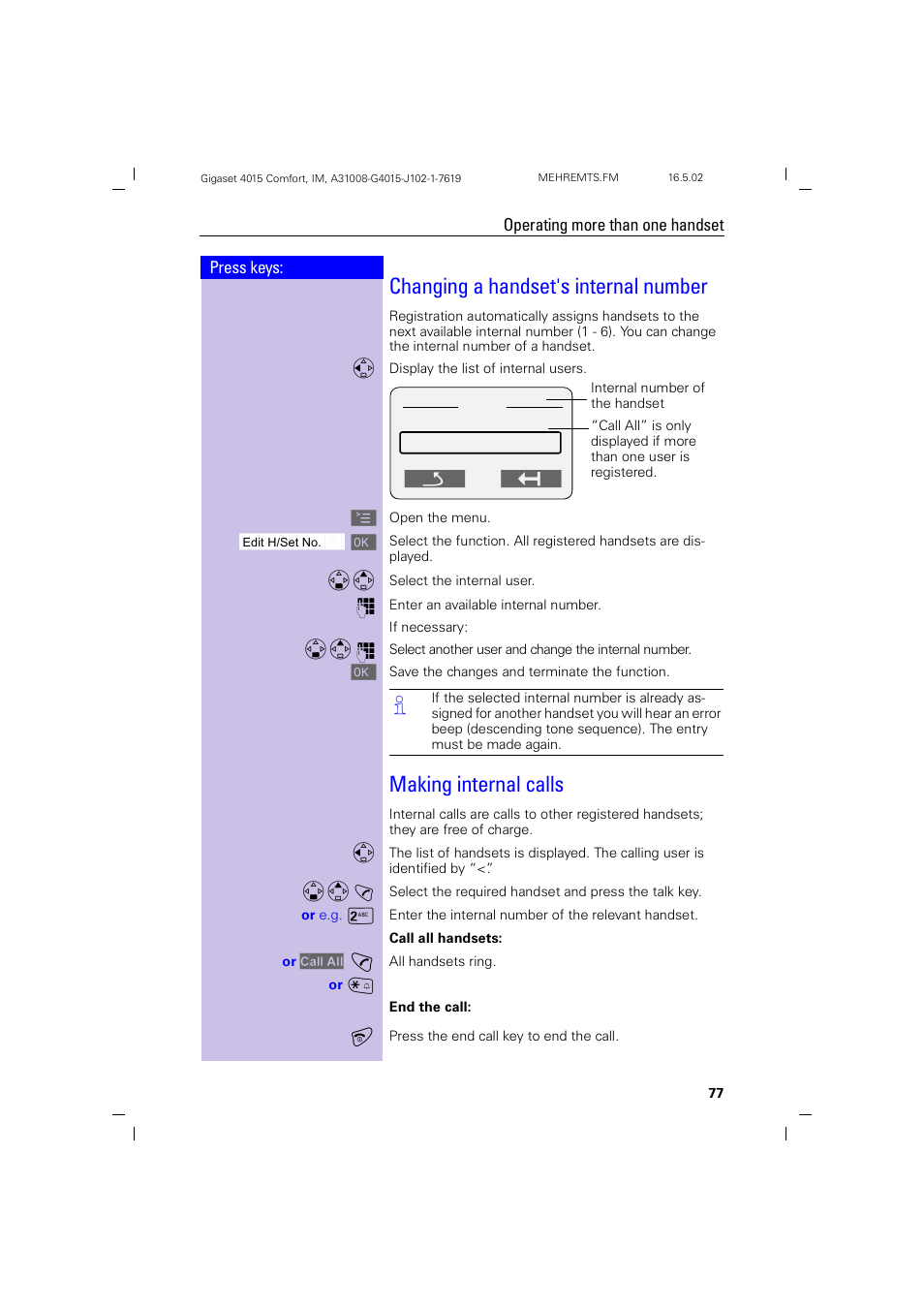 Changing a handset's internal number, Making internal calls | Siemens 4015 User Manual | Page 78 / 121