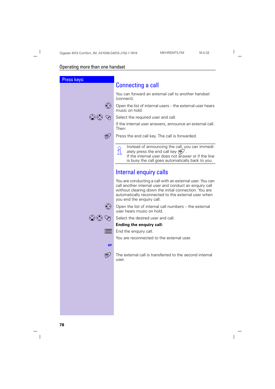 Connecting a call, Internal enquiry calls, Connecting a call internal enquiry calls | Siemens 4015 User Manual | Page 79 / 121