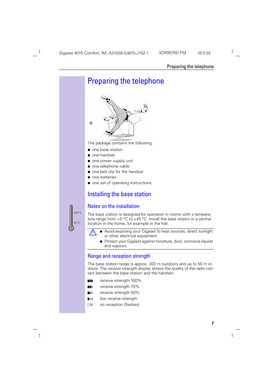 Preparing the telephone, Installing the base station, Notes on the installation | Range and reception strength | Siemens 4015 User Manual | Page 8 / 121