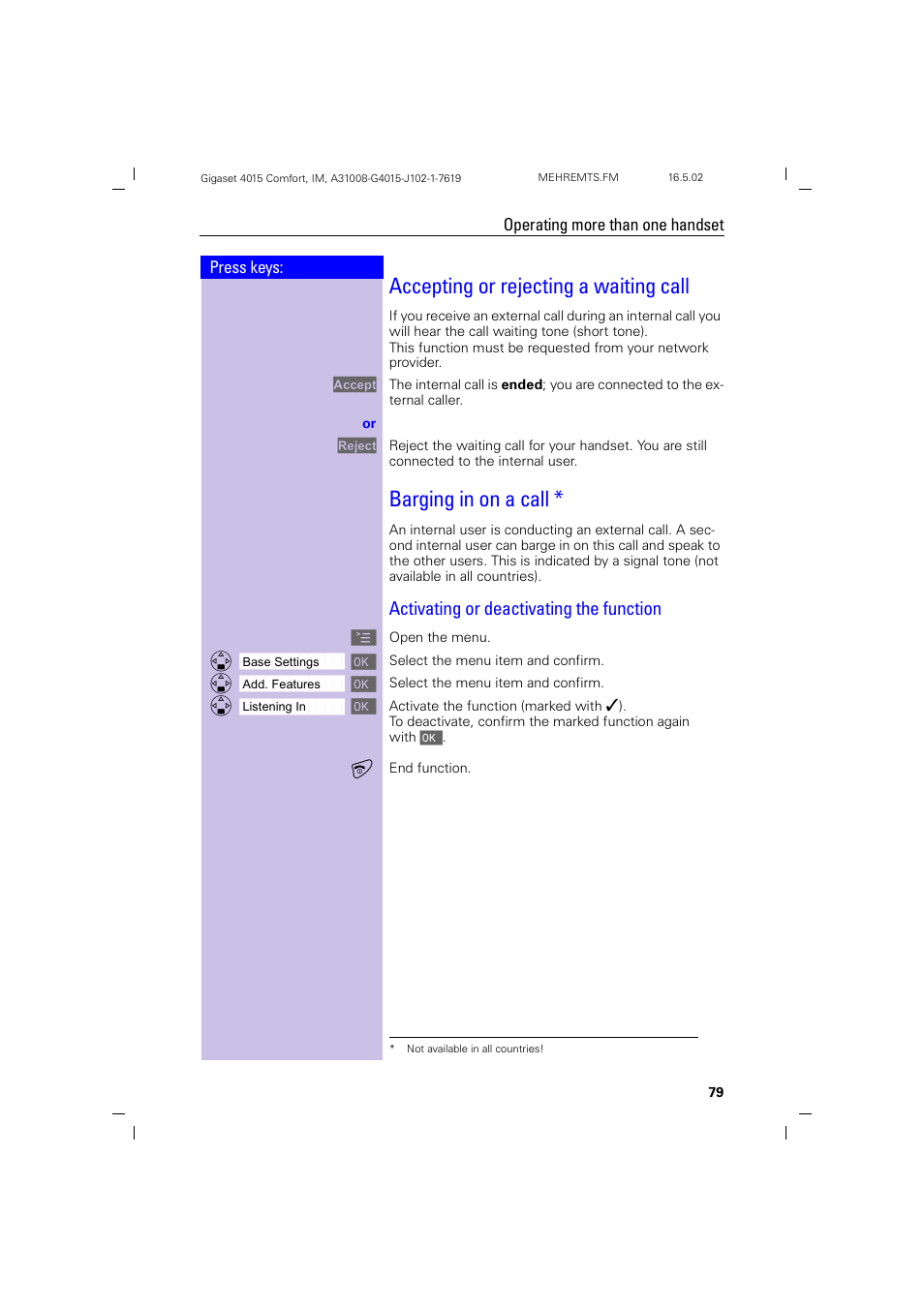 Accepting or rejecting a waiting call, Barging in on a call, Activating or deactivating the function | Siemens 4015 User Manual | Page 80 / 121