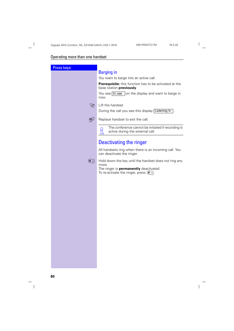 Barging in, Deactivating the ringer | Siemens 4015 User Manual | Page 81 / 121