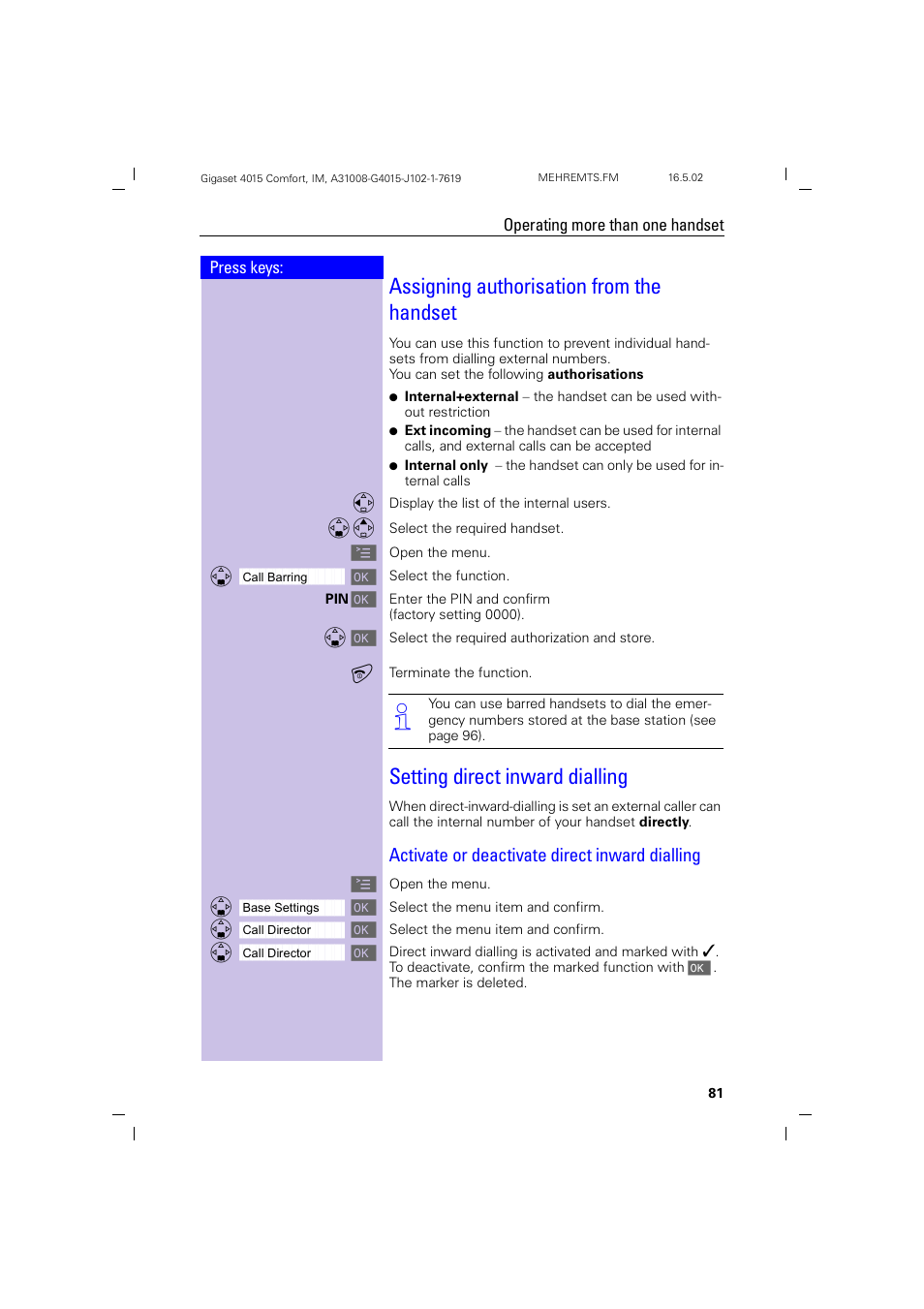 Assigning authorisation from the handset, Setting direct inward dialling, Activate or deactivate direct inward dialling | Siemens 4015 User Manual | Page 82 / 121