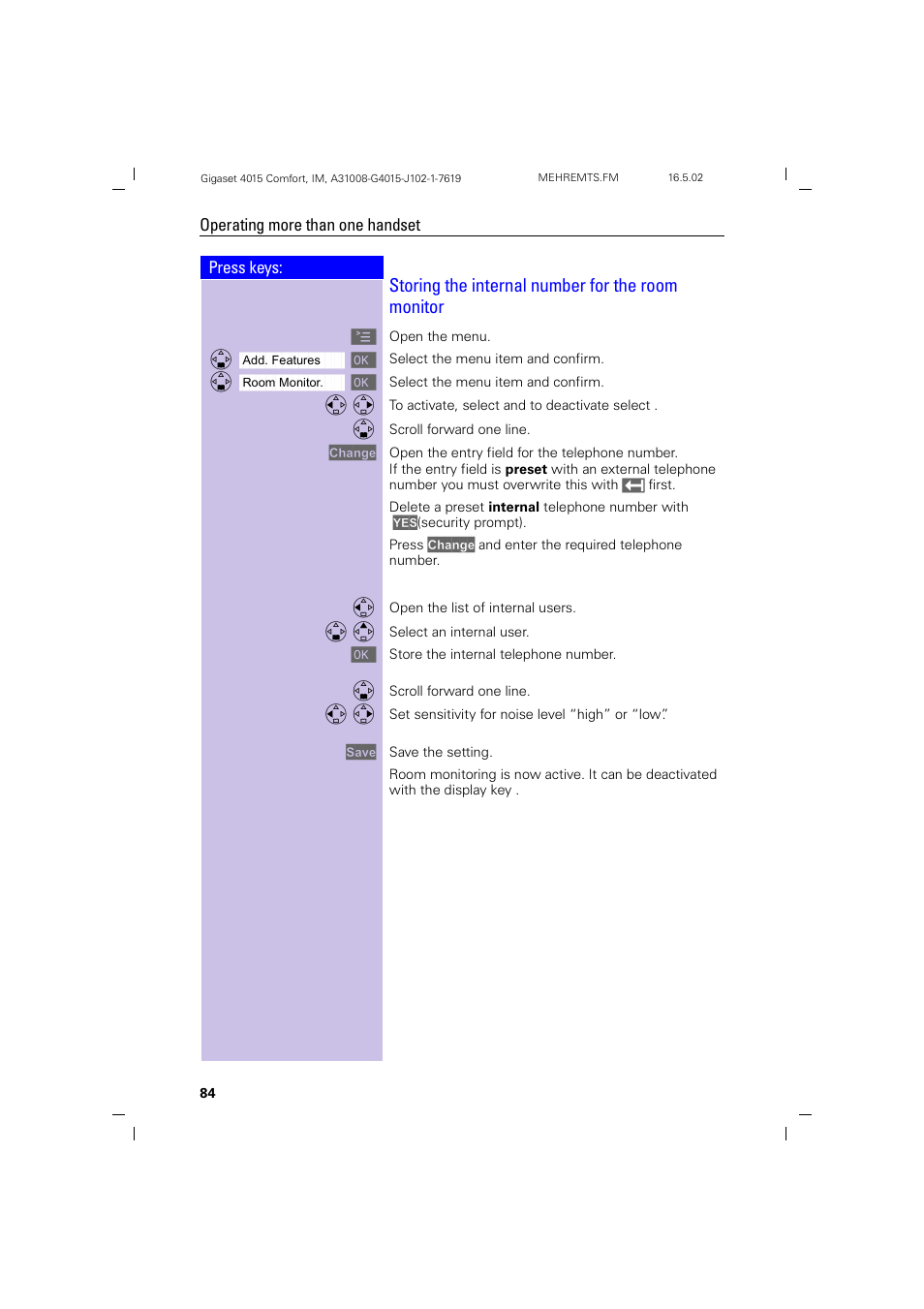 Storing the internal number for the room monitor | Siemens 4015 User Manual | Page 85 / 121