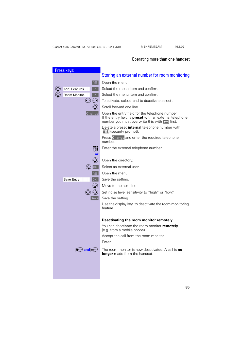 Storing an external number for room monitoring | Siemens 4015 User Manual | Page 86 / 121