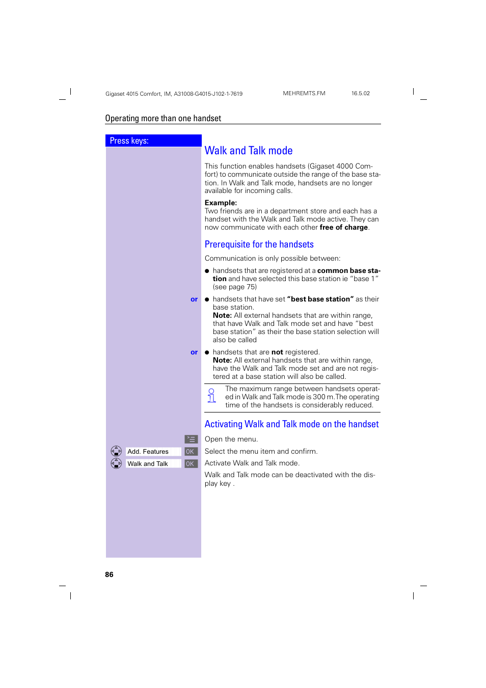 Walk and talk mode, Prerequisite for the handsets, Activating walk and talk mode on the handset | Siemens 4015 User Manual | Page 87 / 121