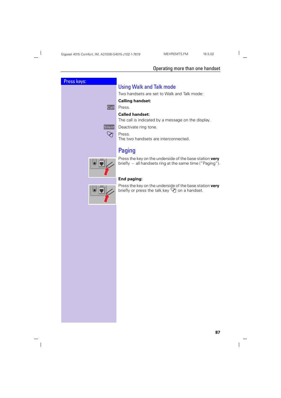 Using walk and talk mode, Paging | Siemens 4015 User Manual | Page 88 / 121