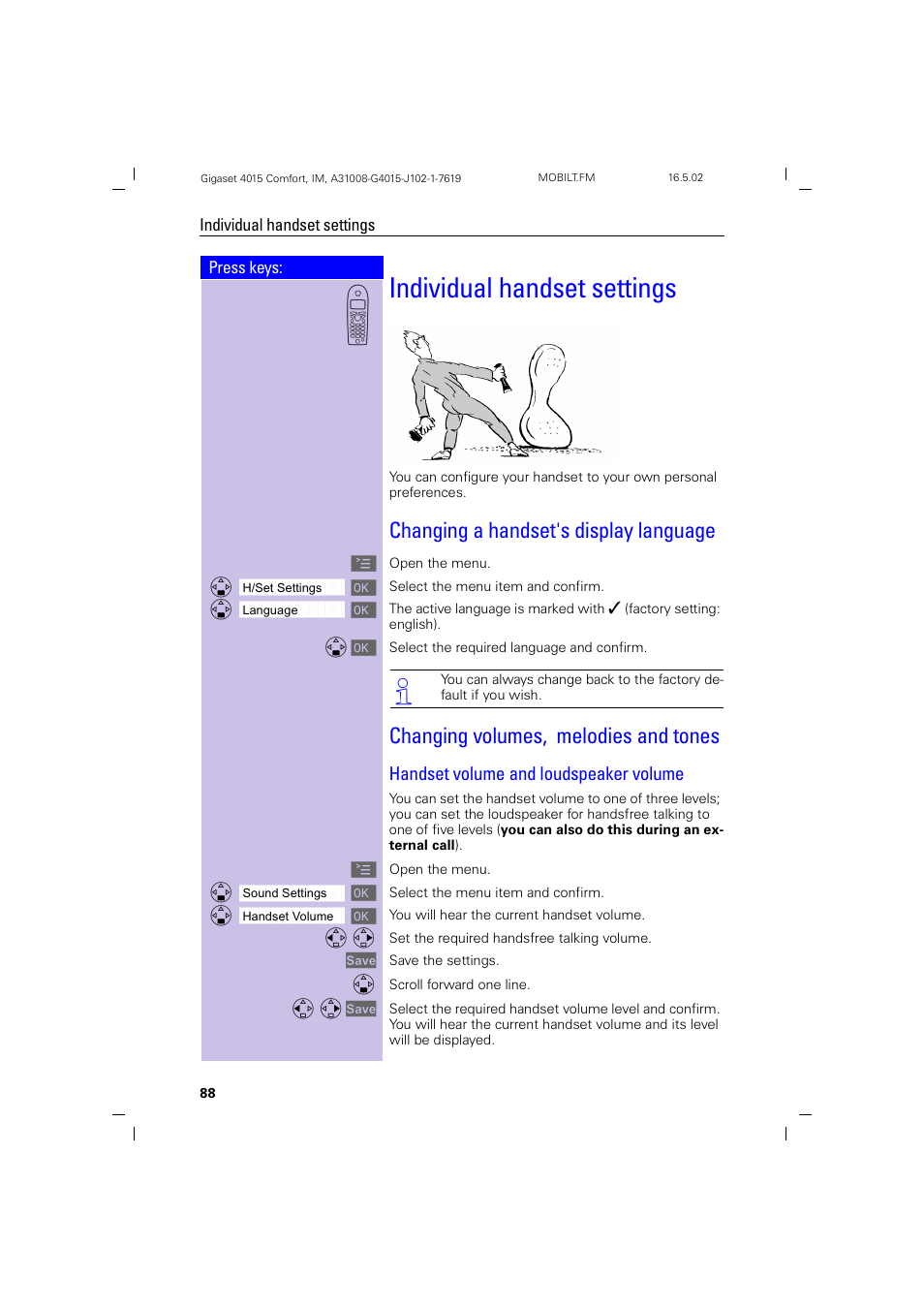 Individual handset settings, Changing a handset's display language, Changing volumes, melodies and tones | Handset volume and loudspeaker volume, Individual handset settings | Siemens 4015 User Manual | Page 89 / 121