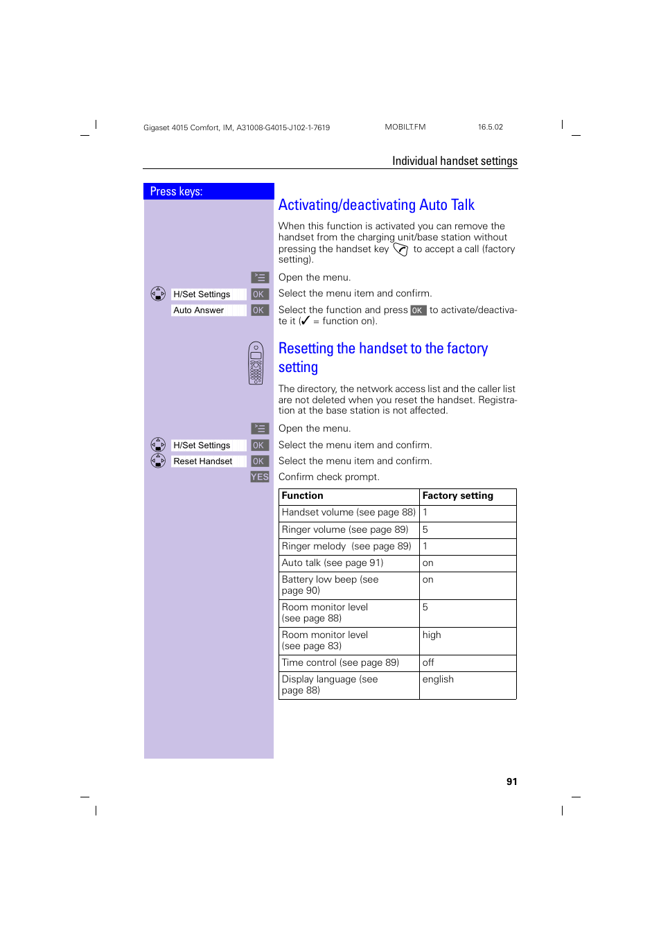 Activating/deactivating auto talk, Resetting the handset to the factory setting | Siemens 4015 User Manual | Page 92 / 121