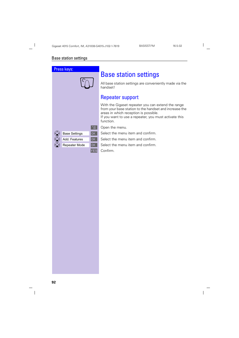 Base station settings, Repeater support | Siemens 4015 User Manual | Page 93 / 121